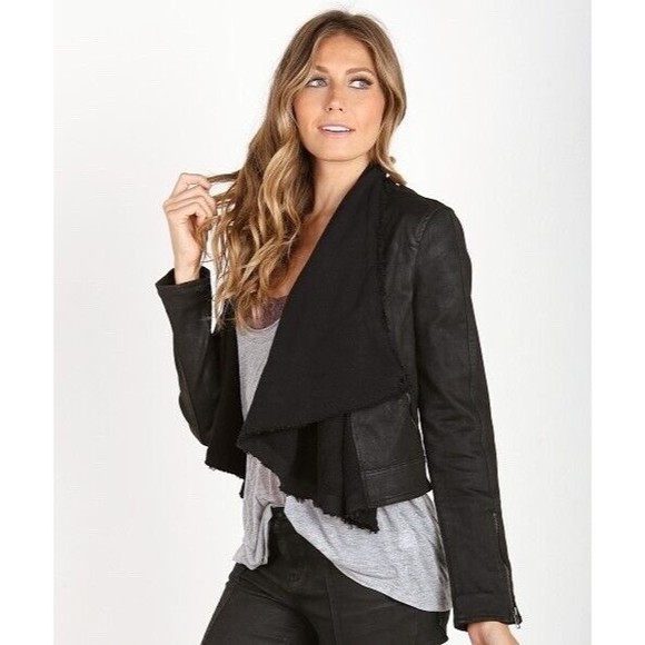FREE PEOPLE Black Scarf Drape Moto Jacket Coated Faux Leather Twill Denim Sz 10 - Picture 1 of 16